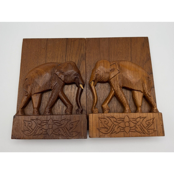 None and/or Unknown Other - Vintage Wooden Carved Elephant Folding Bookends Set of 2 Brown Hand Carved